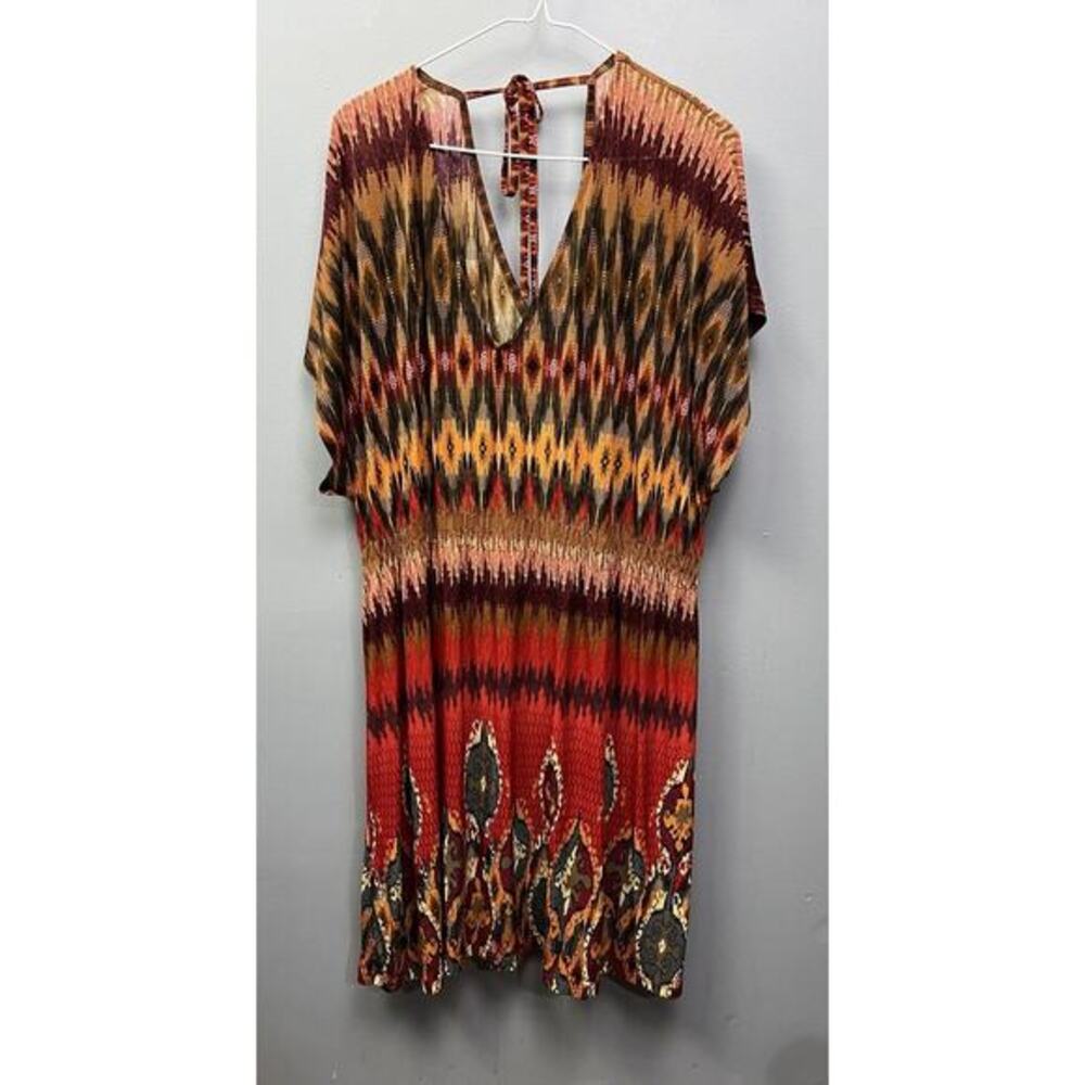 Just love earth tones abstarct print Tie back women's short sleeve dress Plus 3X